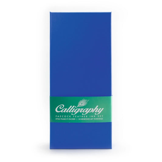 A blue gift box with a green paper band that reads: Calligraphy peacock feather ink set on a white background.