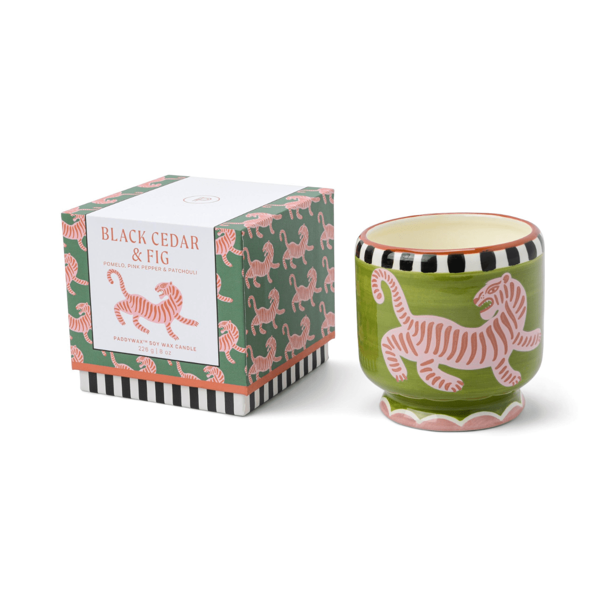 Candle - Adopo Handpainted Tiger Black Cedar & Fig 8oz - Gizmo Gifts