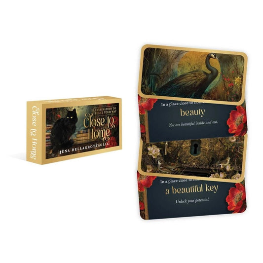 A yellow deck of Close to home cards and four examples of these affirmation cards on the right.