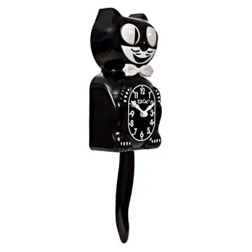 Black cat-shaped clock with white face on a white background
