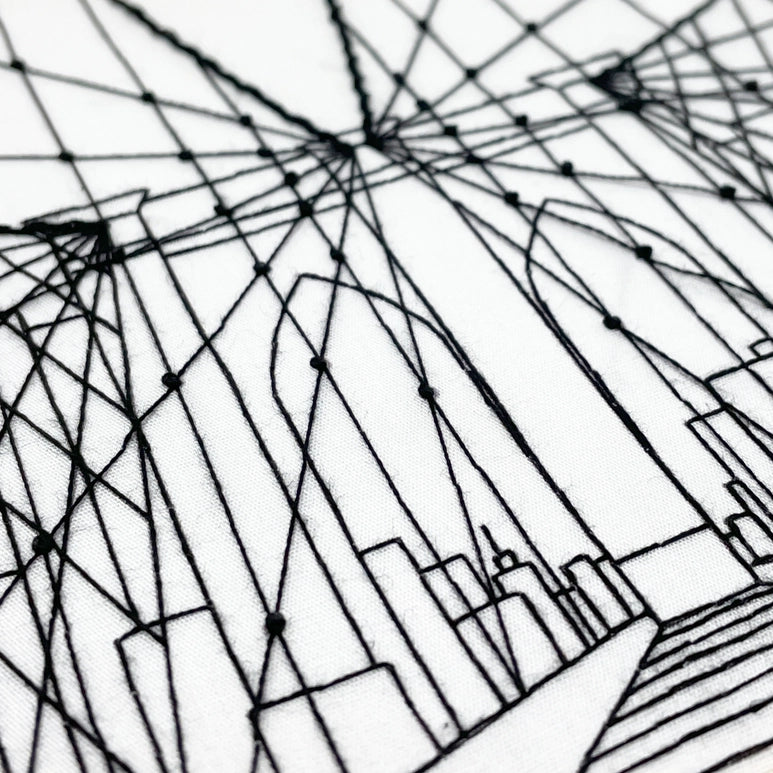Closeup black and white needlecraft of the Embroidery DIY Craft kit- Brooklyn Bridge/NYC.