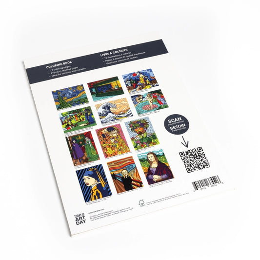 Coloring book with famous artworks on a white background