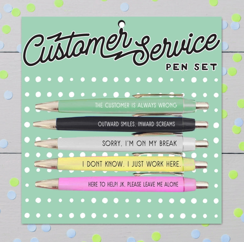 Set of pens with humorous sayings on a polka dot card labeled 'Customer Service Pen Set'.