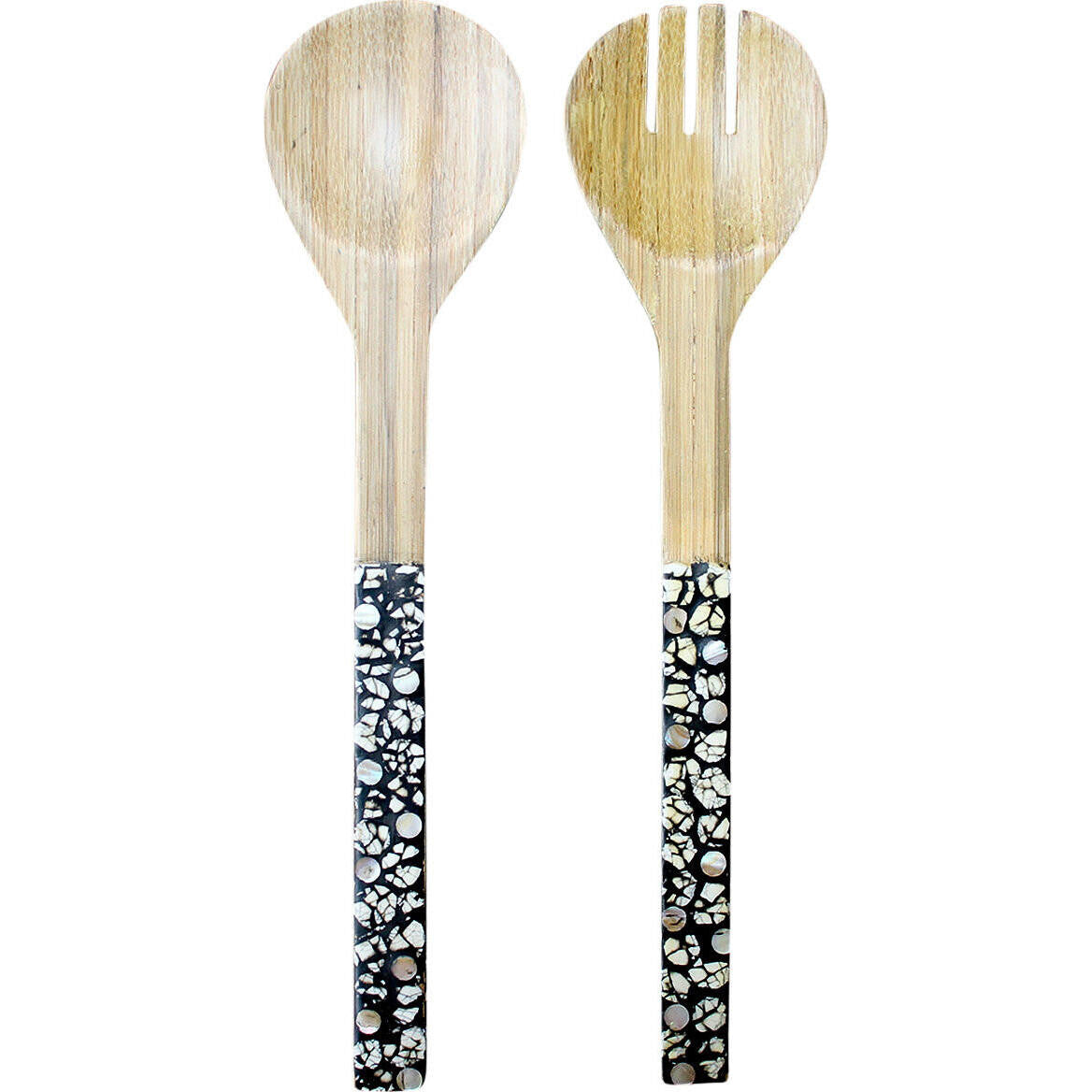 Two wooden utensils with black and white patterned handles on a white background