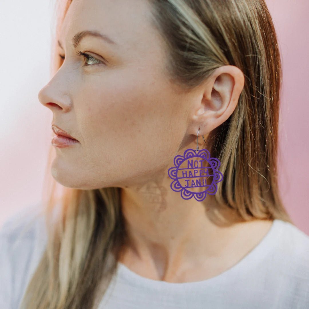 Denz Not Happy Jan (purple) earrings - Gizmo Gifts