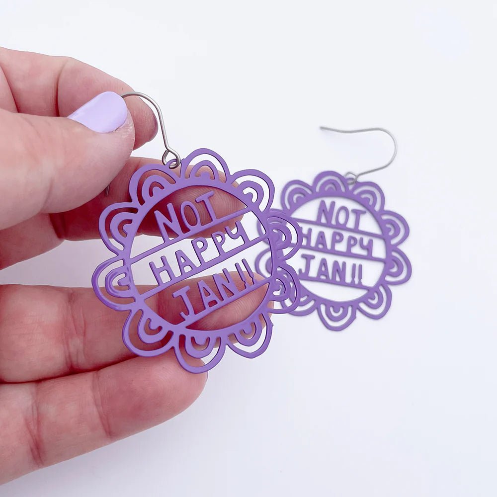 Denz Not Happy Jan (purple) earrings - Gizmo Gifts