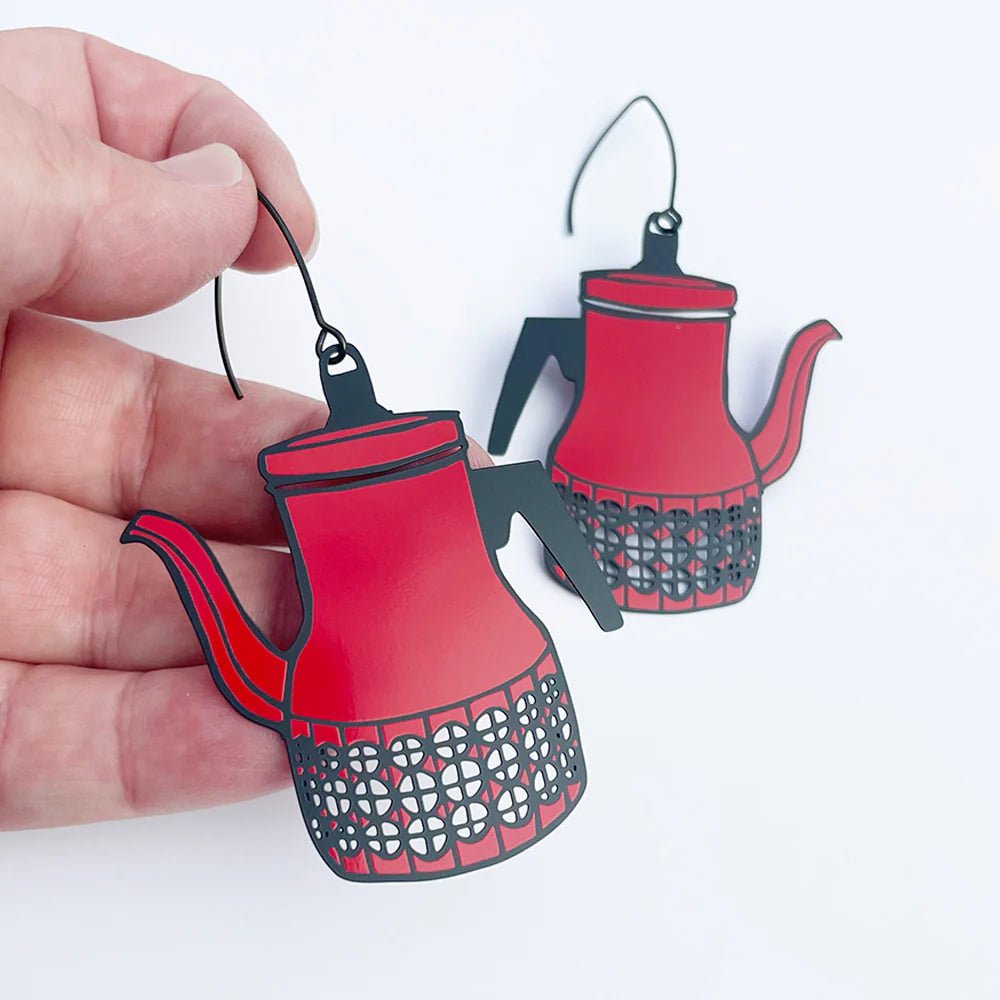 Denz Scandi Coffee pot in red earrings - Gizmo Gifts