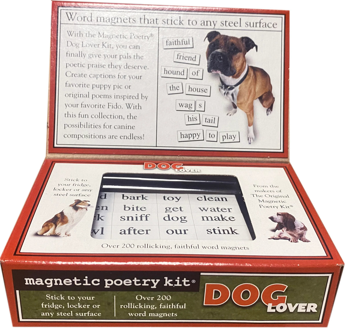 An opened package of Magnetic Lover Dog Lover with text and an opened window of word tiles