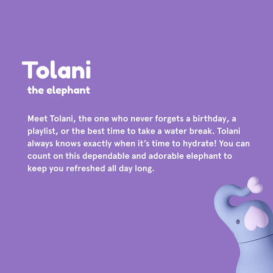 Asobu brand product description of the Tolani the elephant insulated drink bottle. The background is purple and the drink bottle is placed at the bottom right hand corner.