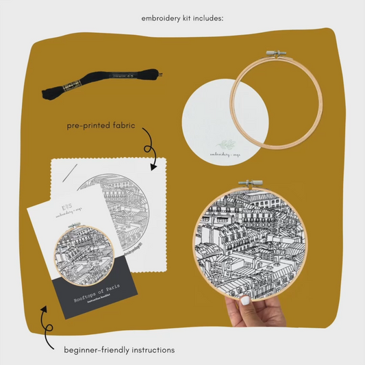 Contents of:Embroidery DIY Craft kit- Rooftops of Paris on a mustard coloured background