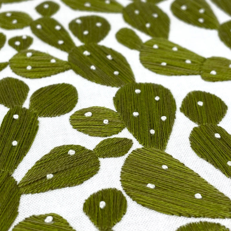 Closeup display of embroidery detail of prickly pears