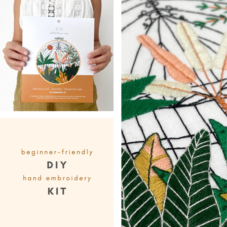 A split screen which on the left displays a person holding the embroidery kit packaging. On the right we have a closeup shot of green needlepoint.