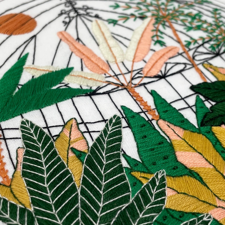 Closeup picture of the Embroidery Botanical Greenhouse garden details.