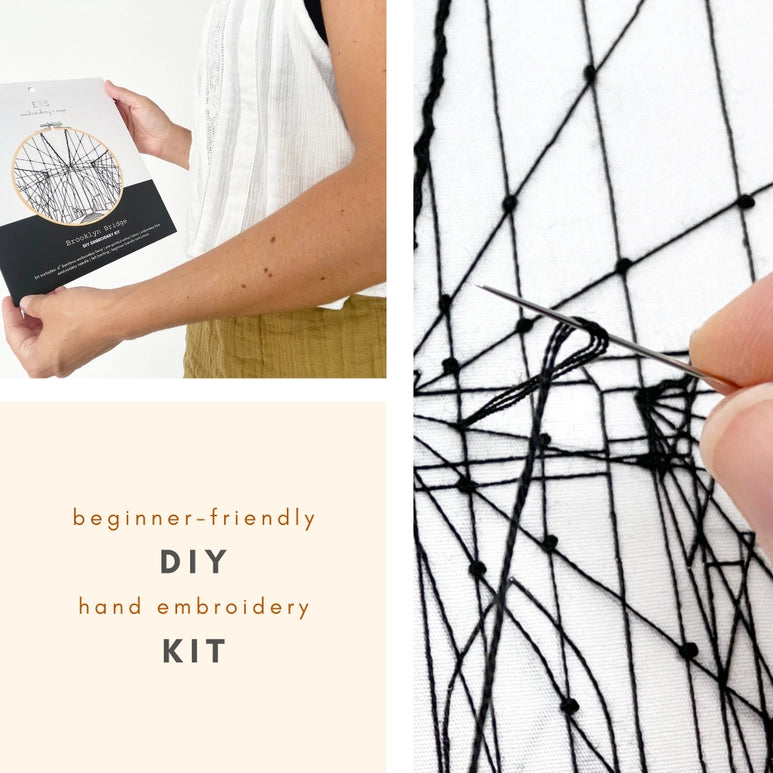 Person holding packaging of the Embroidery DIY Craft kit- Brooklyn Bridge/NYC on the left. On the right pane a person is looping the needle with black thread.