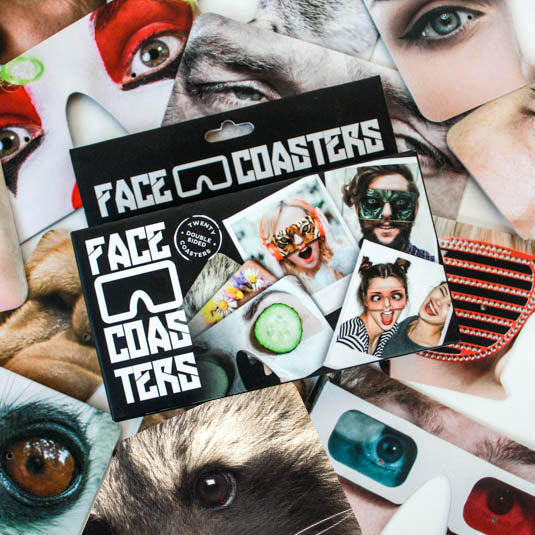 A collage of Face drinks coasters and the package in the middle.