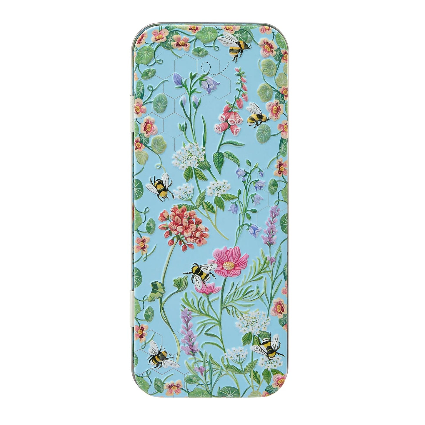 Tin case with floral design and bees on a blue background