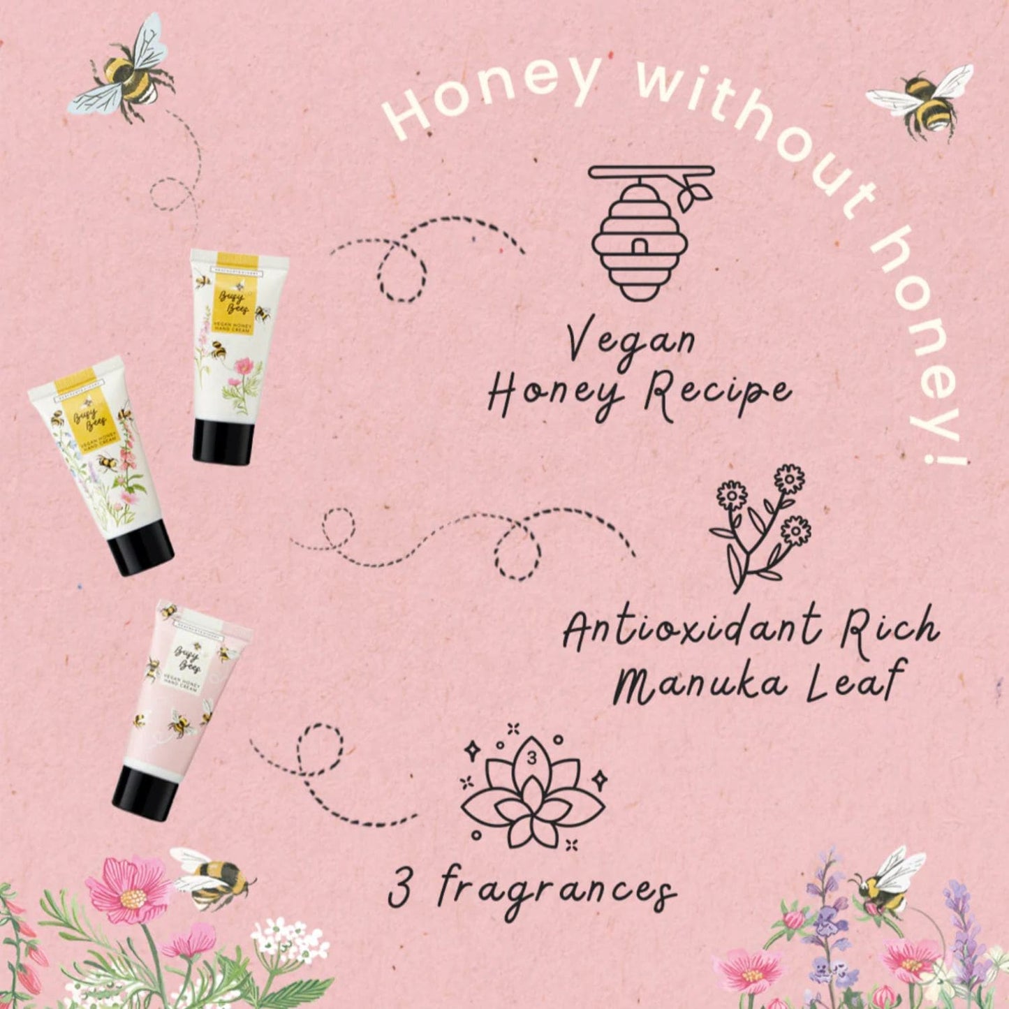 Cosmetic products with honey theme on a pink background