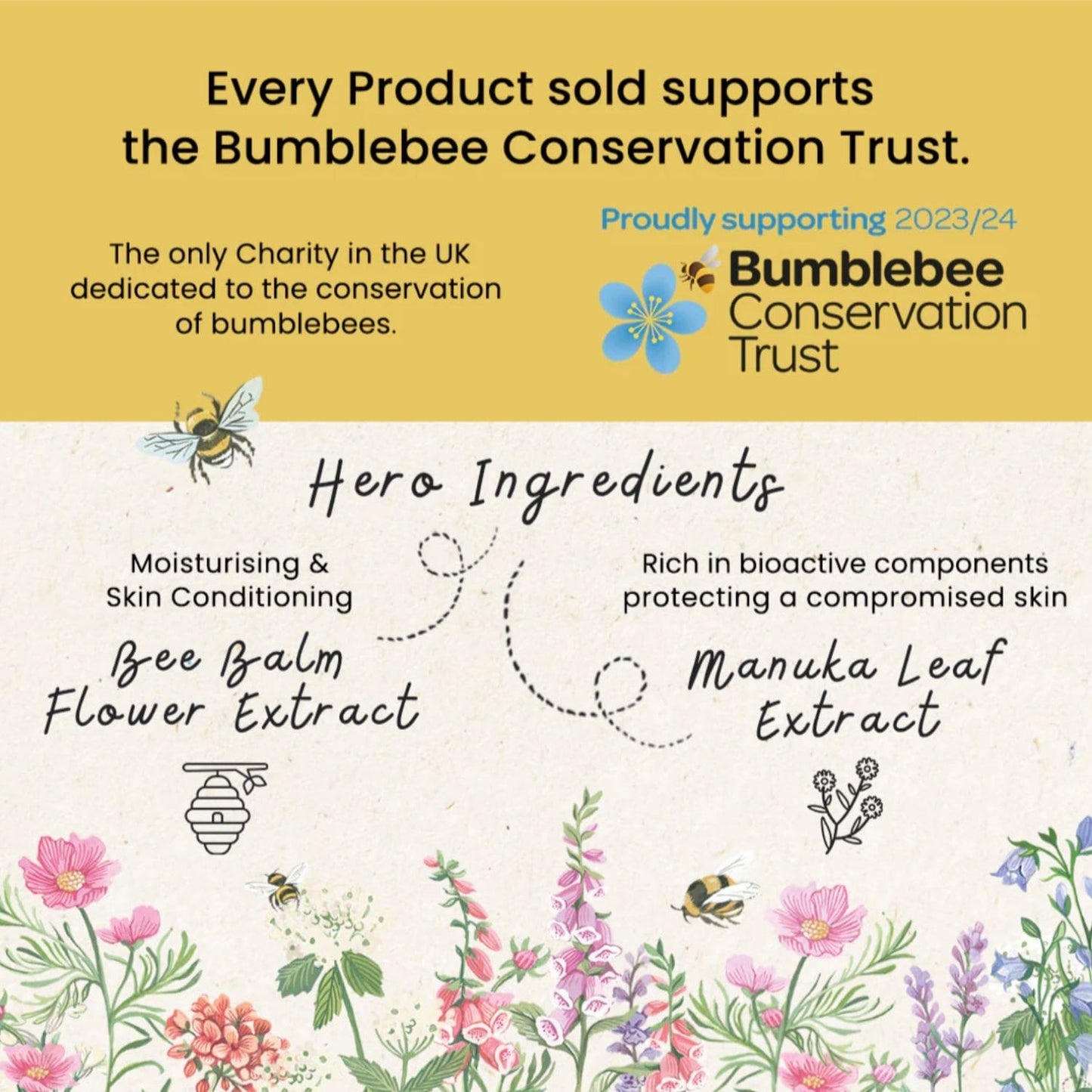 Product packaging with Bumblebee Conservation Trust branding and ingredient list.