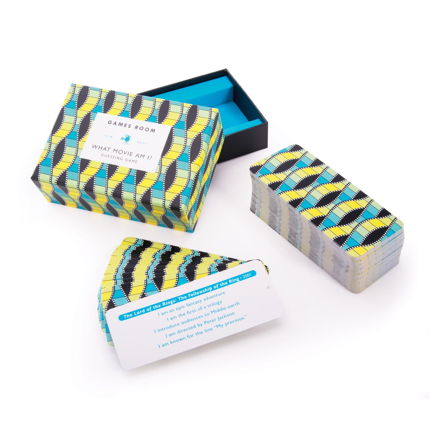 Card game with colorful packaging and cards on a white background