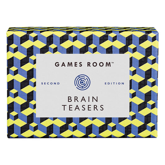 Colourful patterned GAMES ROOM Brain Teasers Quiz box, on a white background - Gizmo Gifts