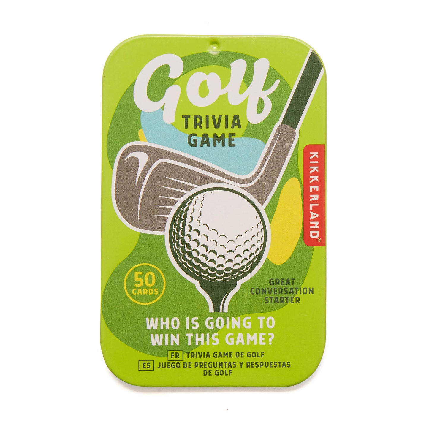 Green tin golf trivia game on a white background