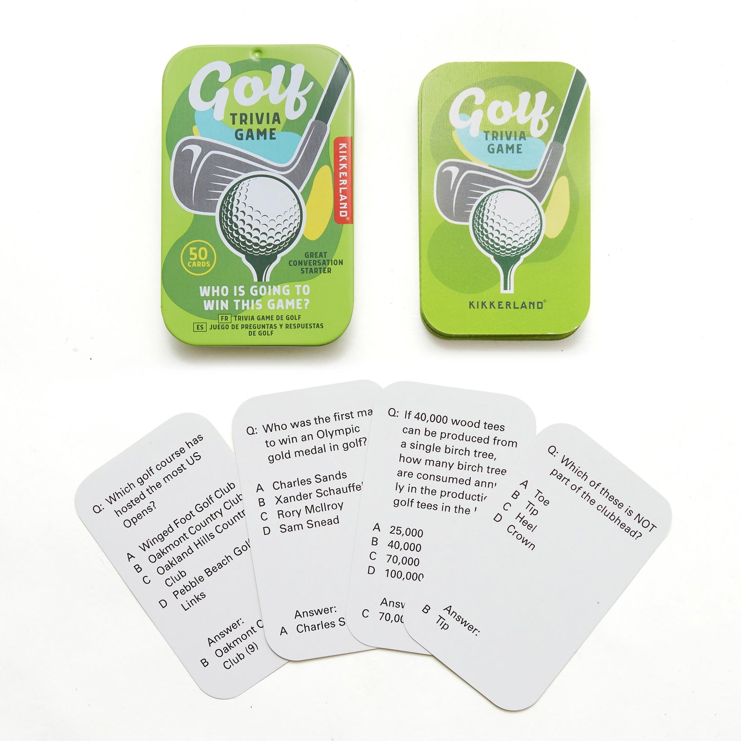 Golf trivia game set with question cards and green packaging on a white background
