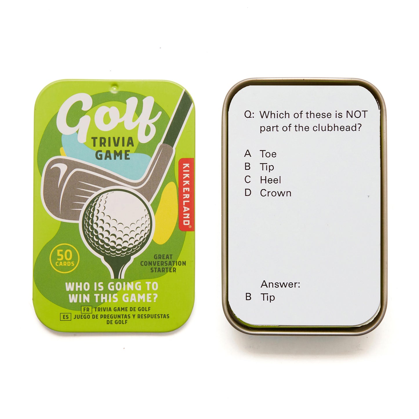 Golf trivia game set with question card and packaging on a white background