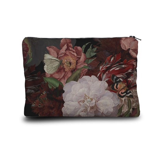 Floral and butterfly patterned pouch on a white background