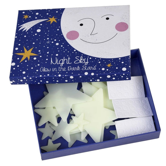 Box of glow-in-the-dark stars with a moon and star design on the lid.