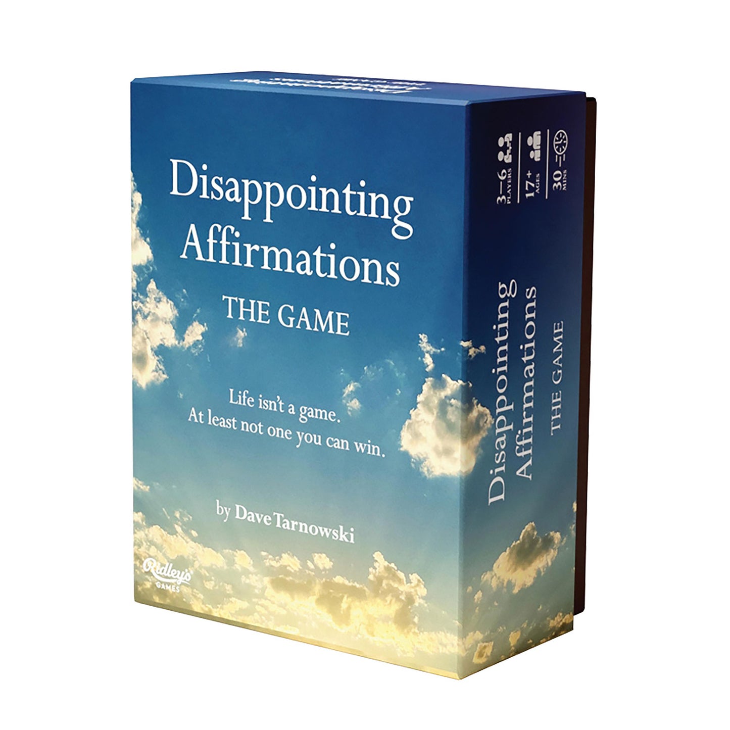 card game box titled 'Disappointing Affirmations' with a blue sky and cloud design.