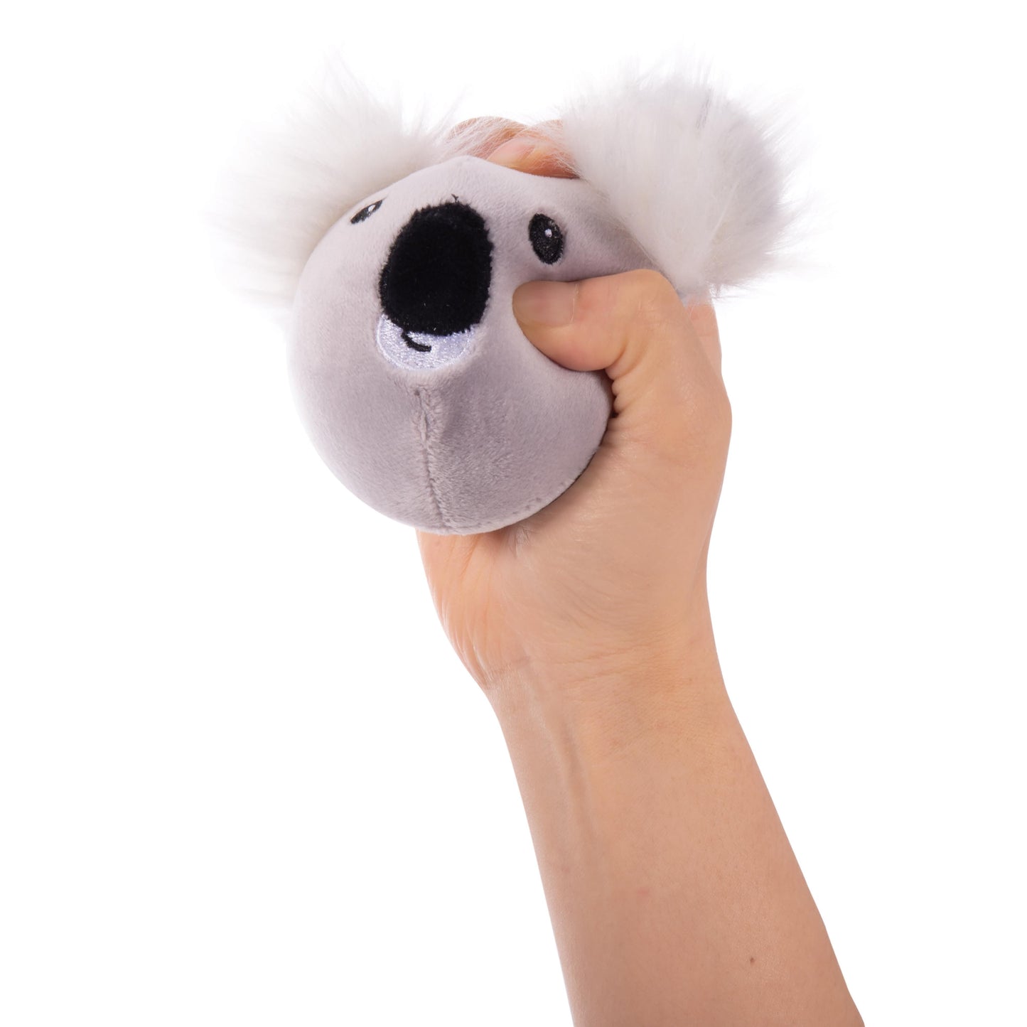 Hand holding a plush koala toy against a white background
