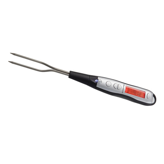 Digital meat thermometer with a fork on a white background