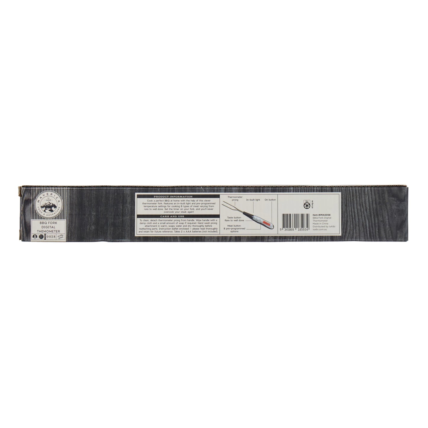 Long, narrow black package with labels on a white background