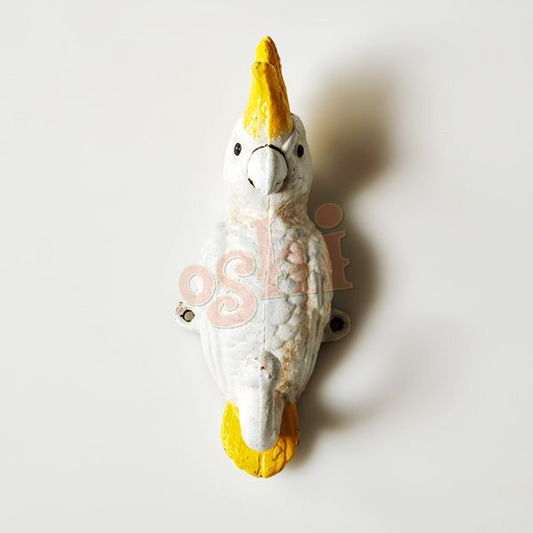 Decorative wall hook shaped like a parrot with yellow beak and feet on a white background