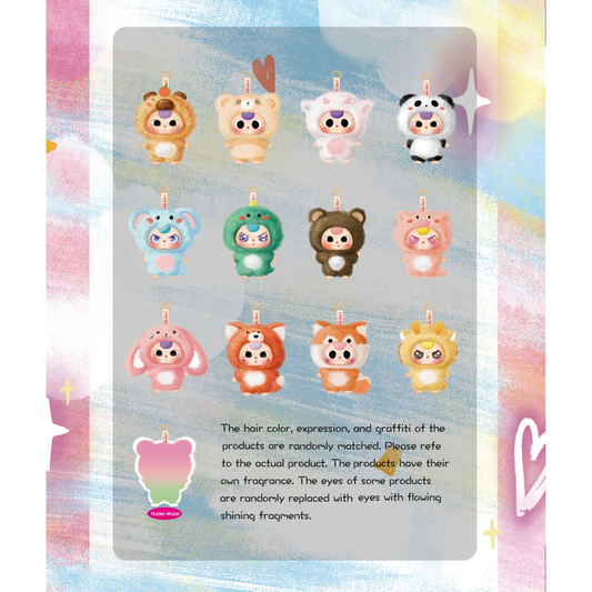Set of colorful animal-shaped hair accessories on a decorative card with a pastel background.
