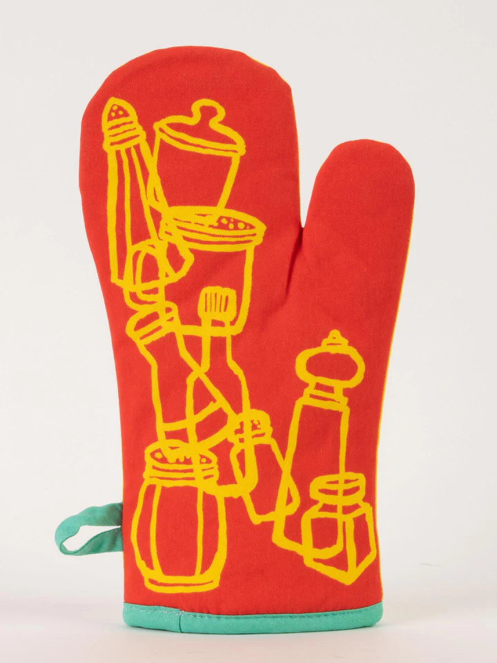 Red oven mitt with yellow graphic design on a white background