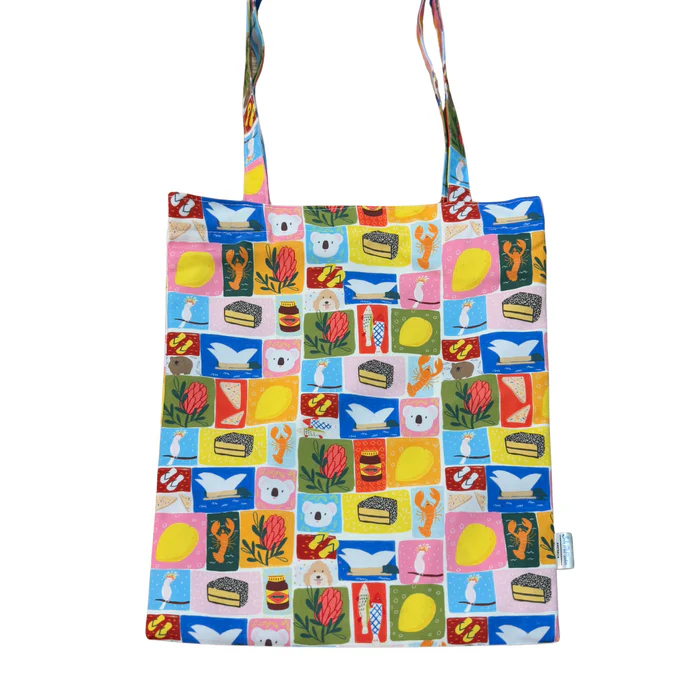 Colorful tote bag with Australian icons patterned design on a white background