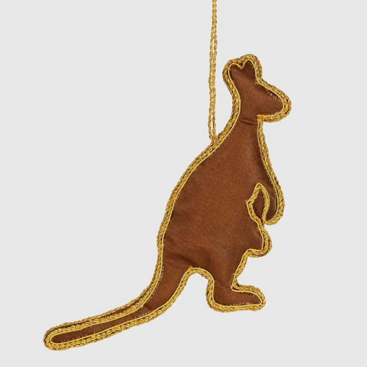 Brown kangaroo-shaped ornament with gold trim on a white background