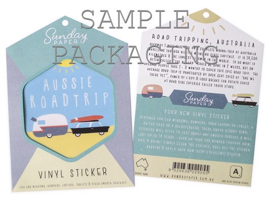 Vinyl sticker packaging with 'Aussie Roadtrip' design and text on a white background. Melbourne theme only available in this packaging.