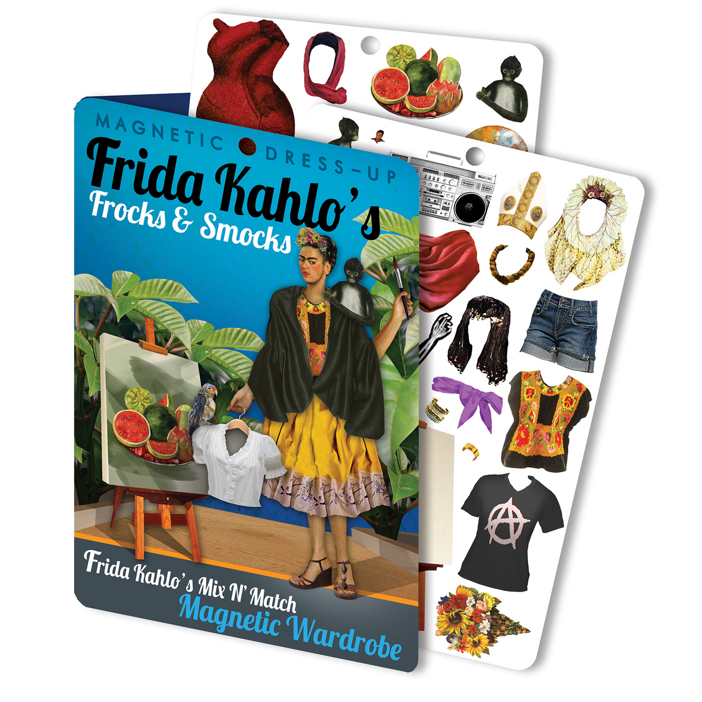 Frida Kahlo Frocks and Socks Magnetic dress up kit, two pages reveal magnetic accessories on a white background.