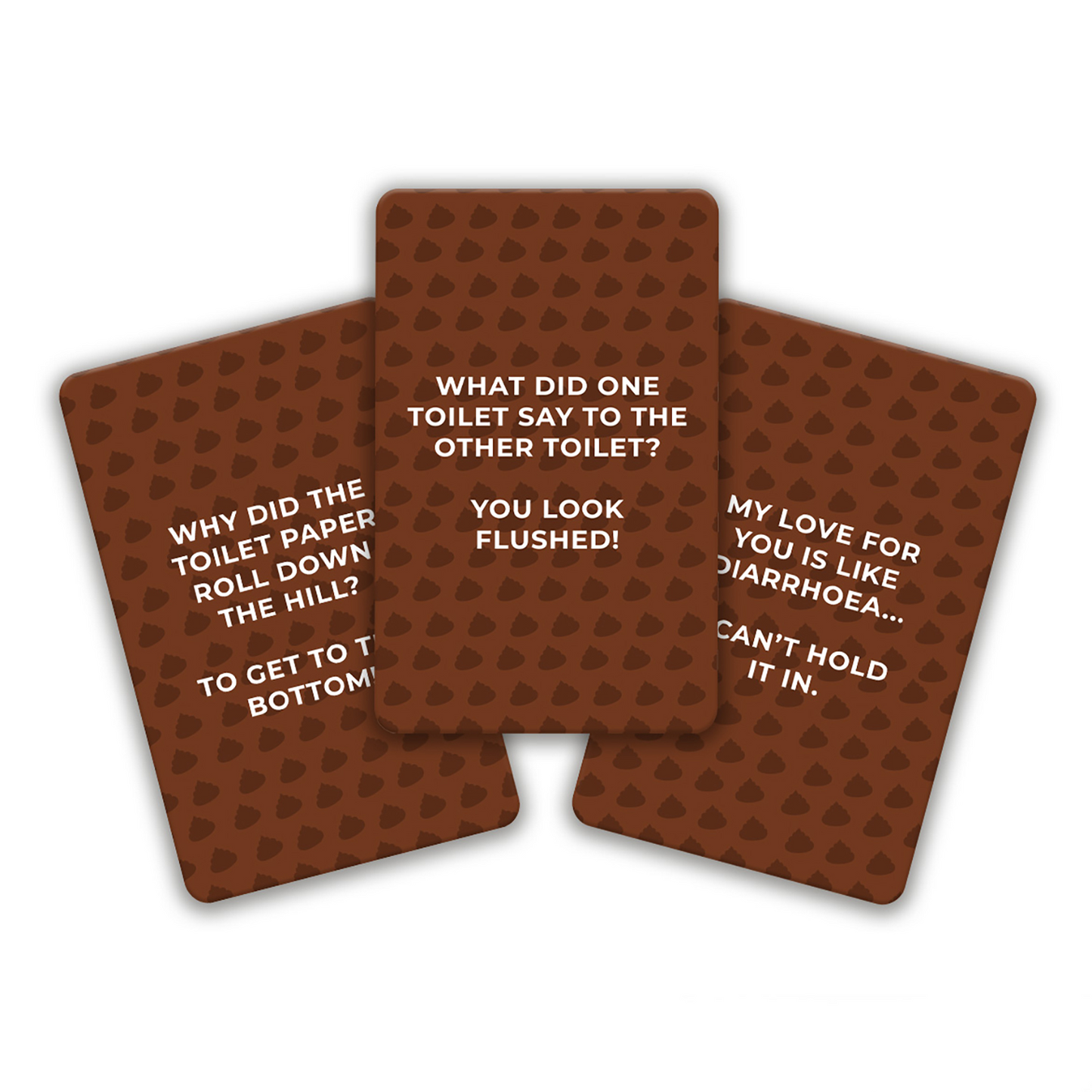 Three brown joke cards with humorous text on a white background