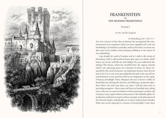 Page from 'Frankenstein' with a castle illustration on the left and text on the right.