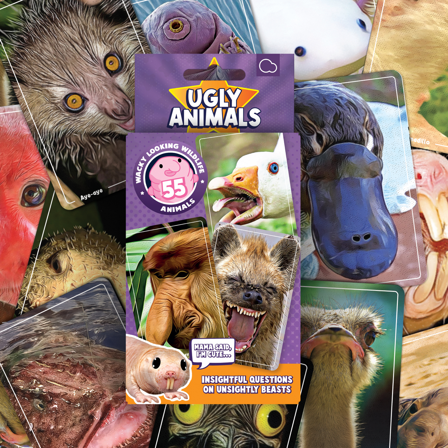 Collage of Ugly Animals packaging with various animal images and text.