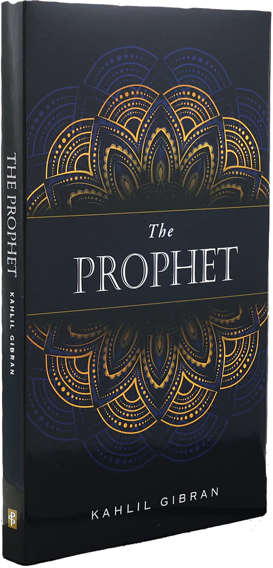 Book cover of 'The Prophet' by Kahlil Gibran with decorative gold patterns on a black background