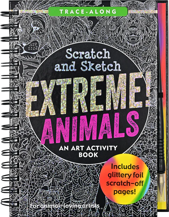 Art activity book titled 'Scratch and Sketch Extreme Animals' with a pen on a white background