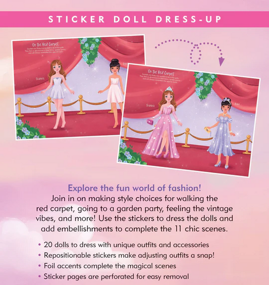 Sticker doll dress-up set with dolls on a red carpet and garden party scene, on a pink background.