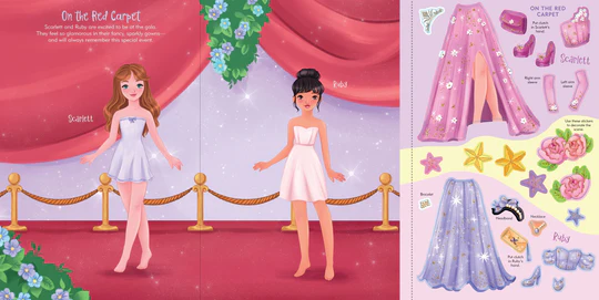 Illustrated book page with two dolls on a red carpet and a cut-out dress design.