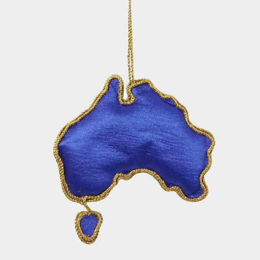Back view of Blue ornament shaped like Australia with gold trim on a white background