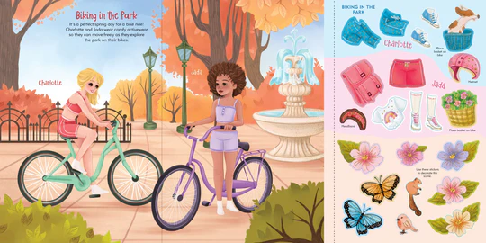 Illustrated children's book page with two girls on bicycles in a park, surrounded by autumn elements.