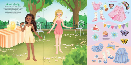 Illustrated garden party scene with two dolls and a variety of accessories on a colorful background.